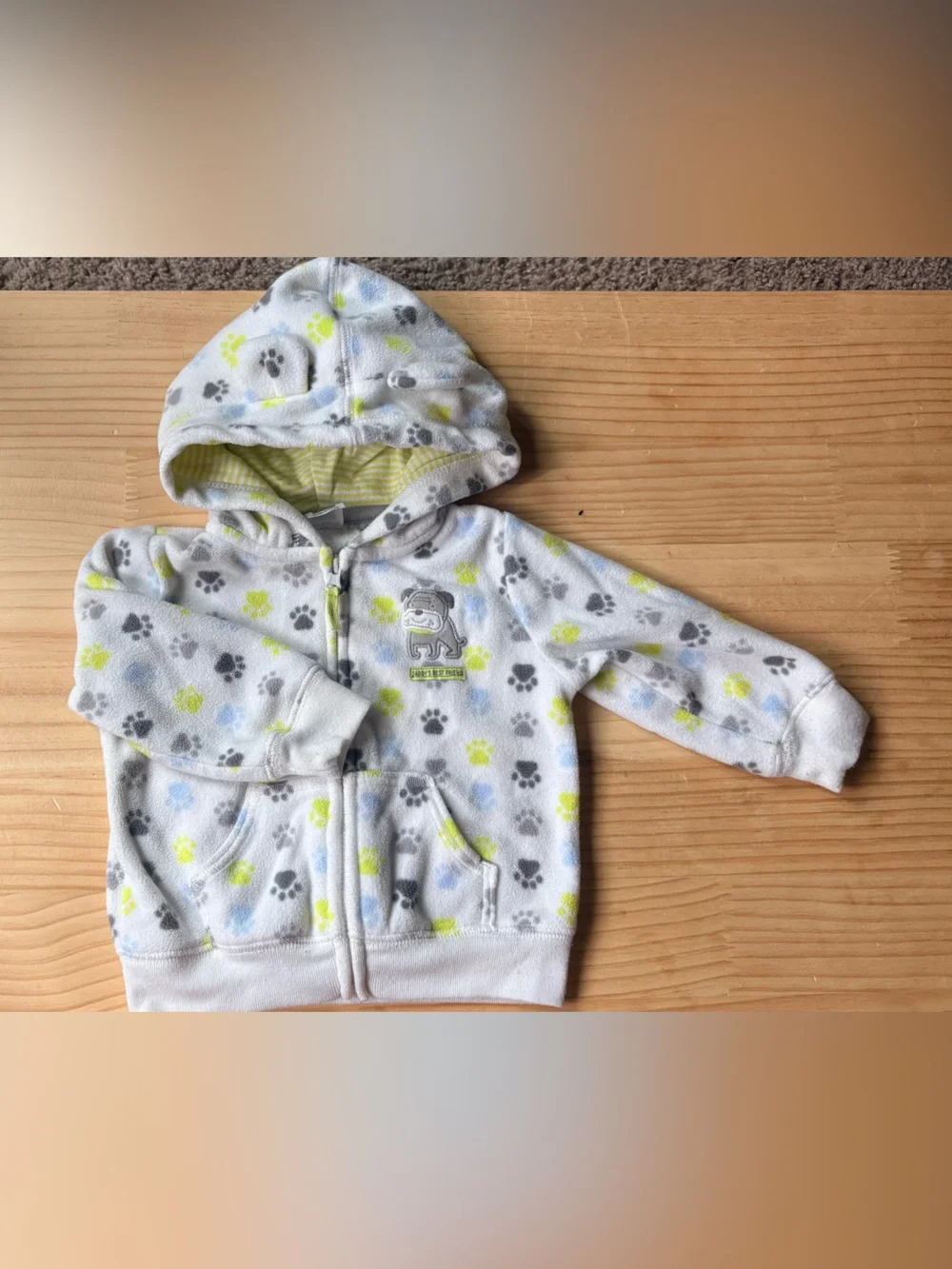 Carter's White Fleece Hoodie with Gray, Yellow & Blue Paw Prints
